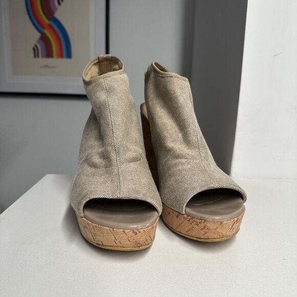 Stuart Weitzman Cork Wedge Platform Sandals with Gray/Tan Cloth Upper Size 9 - Picture 6 of 12